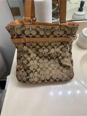 Coach Tan and Brown Signature Canvas Shoulder Bag